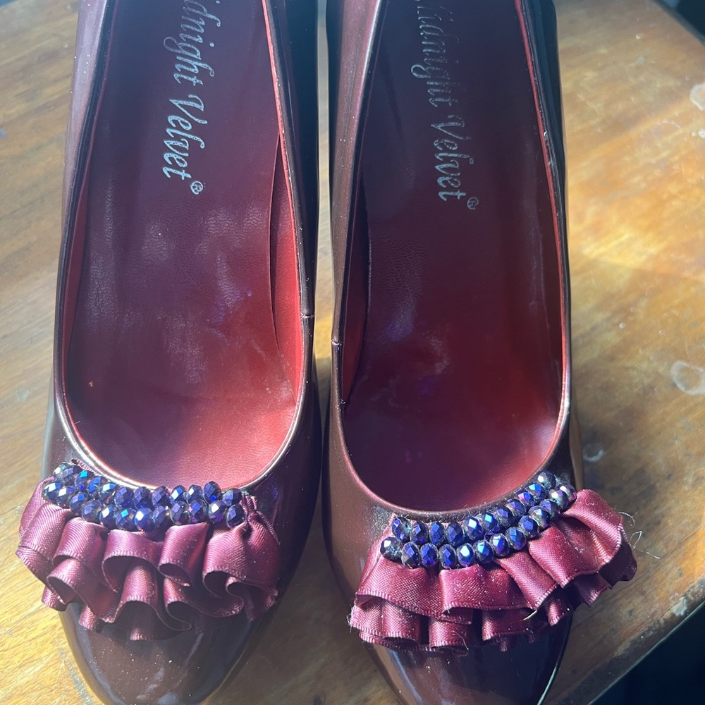 Midnight Velvet Red Heels with Ornate Embellishment